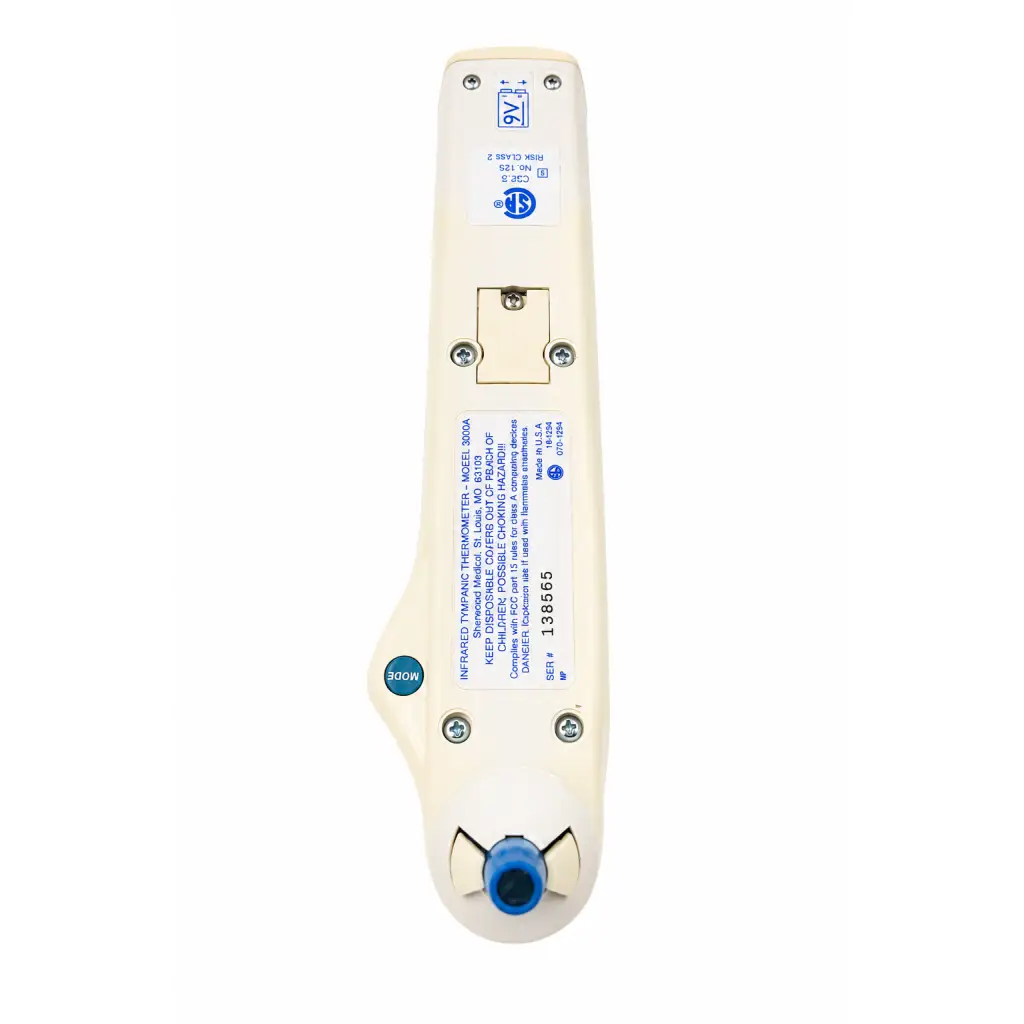 Back view of sherwood medical 3000a cream infrared tympanic thermometer with blue tip and printed specifications