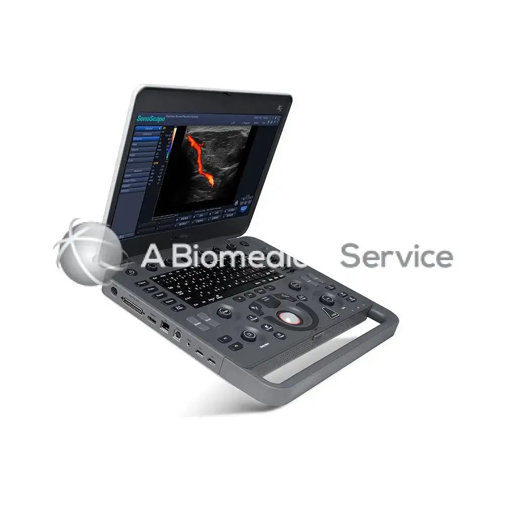 SonoScape X5 portable gray sonosite ultrasound machine with touchscreen display showing orange-highlighted scan