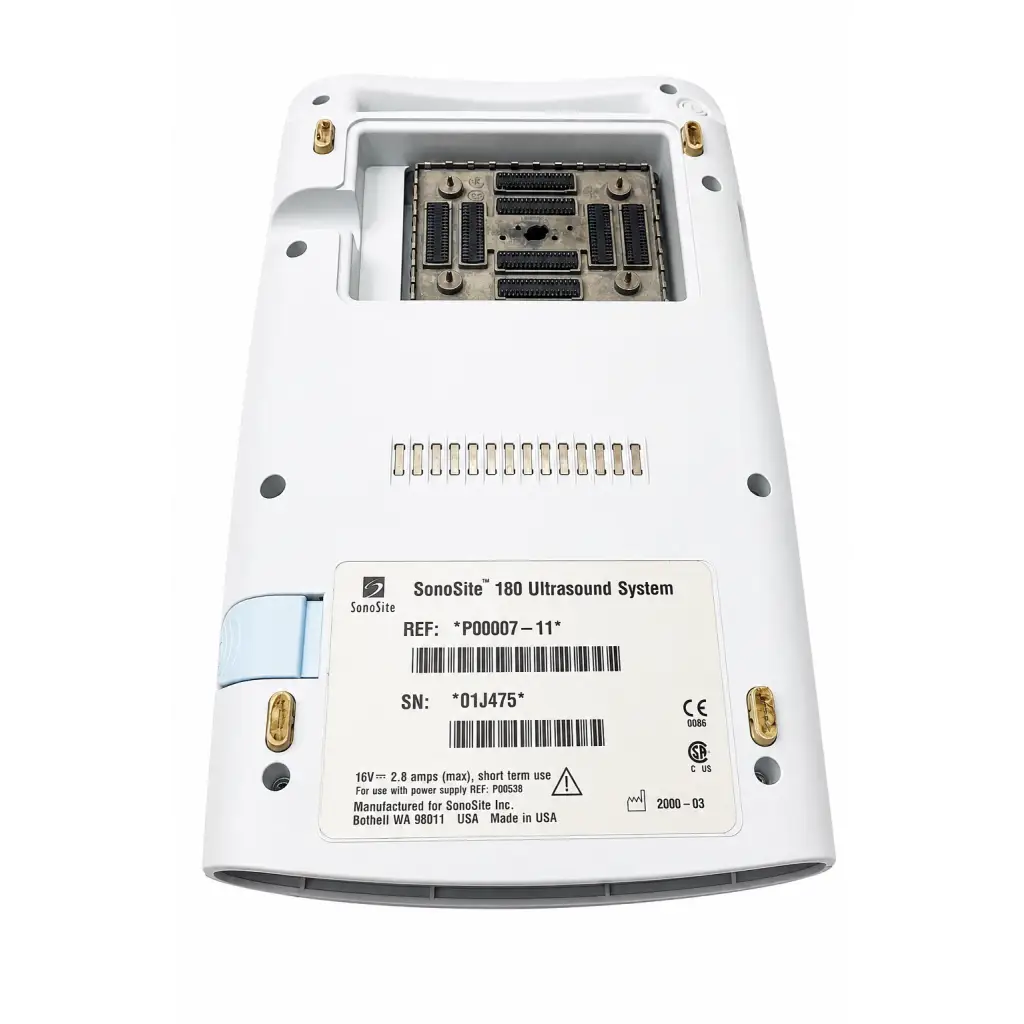 White sonosite 180 portable ultrasound system with gold mounting screws and visible internal circuit board biomed certified included components