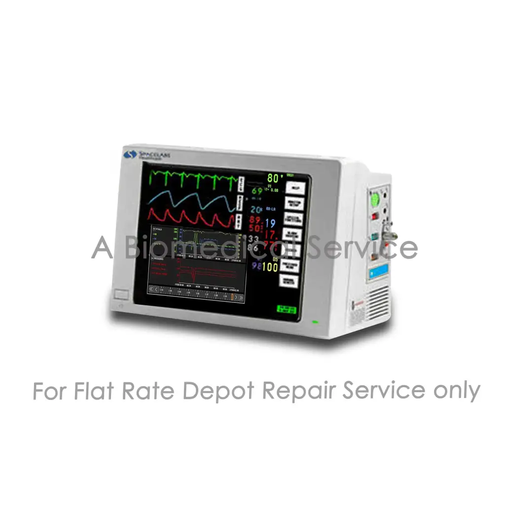 White rectangular spacelabs 90369 ulerview 1050 touch screen patient monitor displaying waveforms for medical equipment repair service