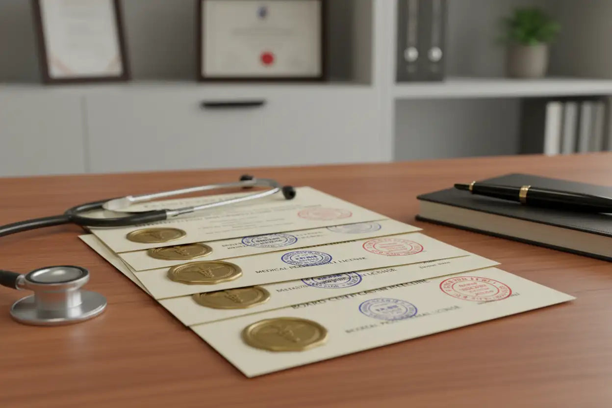 Stack of cream-colored medical diplomas with gold seals and blue/red official stamps.