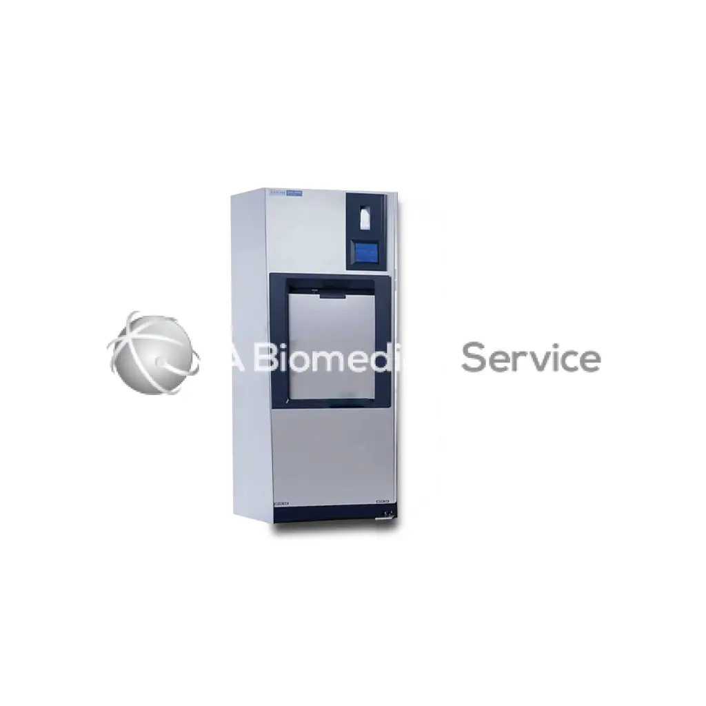 Silver stainless steel steris amsco century v120 sterilizer with black-framed door and digital display panel