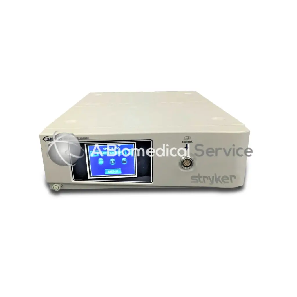 Stryker 1288 camera system beige medical imaging console with blue touchscreen and circular camera port for biomedical service