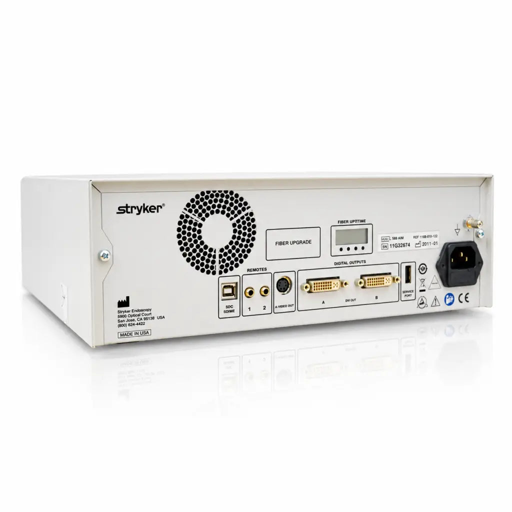 Back side of white stryker 1588 aim camera control unit with perforated vent usb and dvi ports and integrated power input