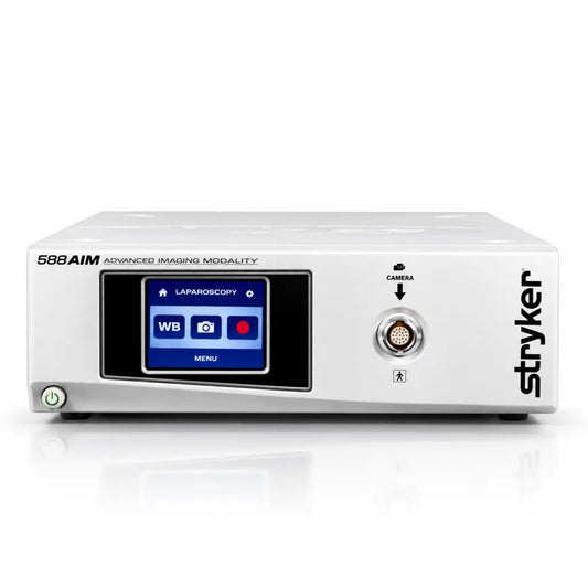 White stryker 1588 aim camera control unit with blue touchscreen and metallic camera port for advanced imaging modality