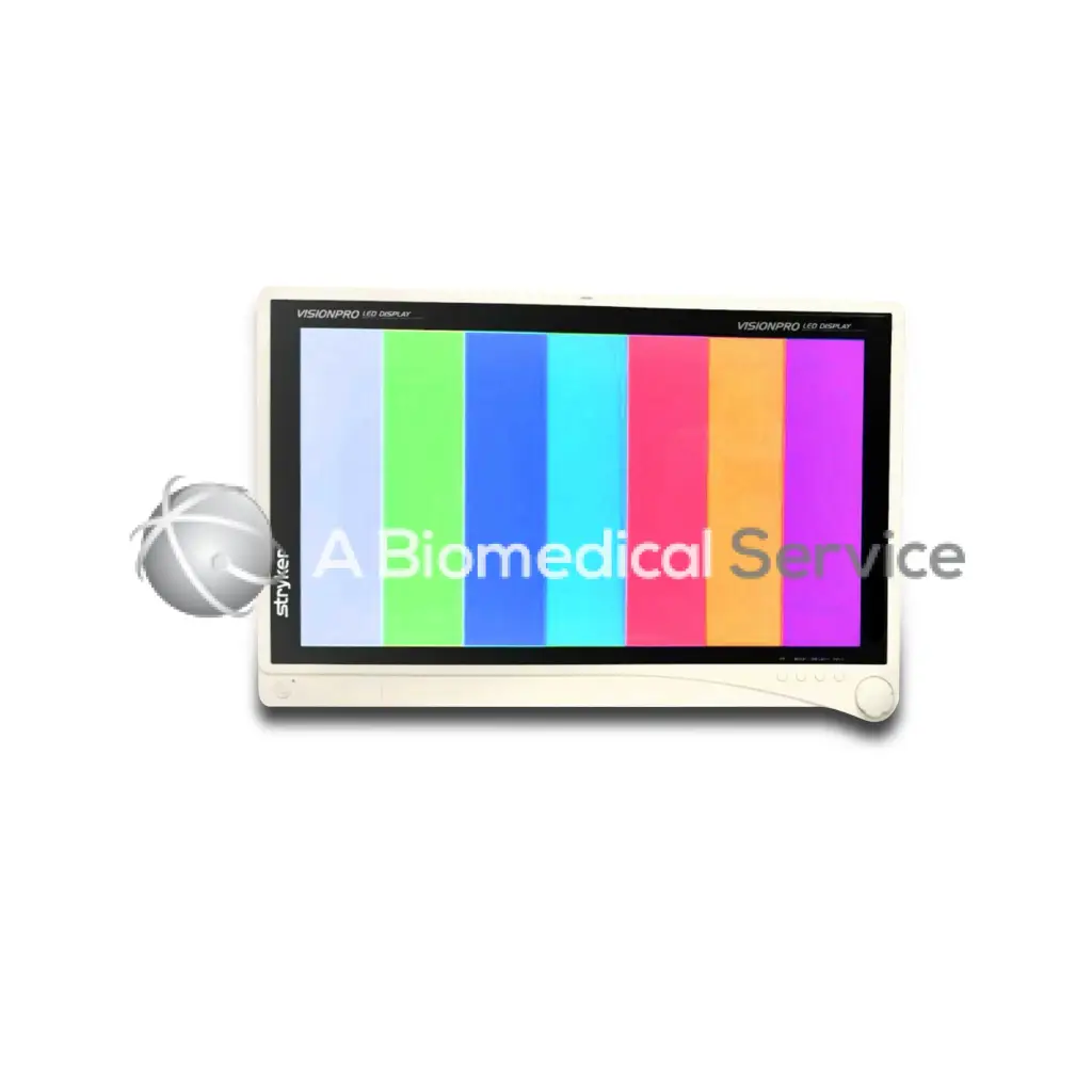 Stryker vision lcd monitor with white frame displaying a colorful vertical test pattern on the vision pro hd display