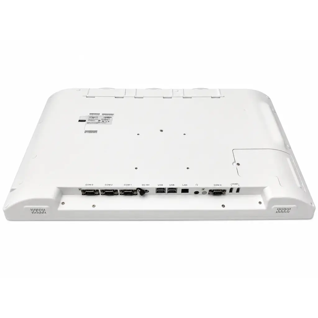 White plastic backside of tangent medix t24b v3 medical touchscreen monitor with com usb lan and hdmi ports