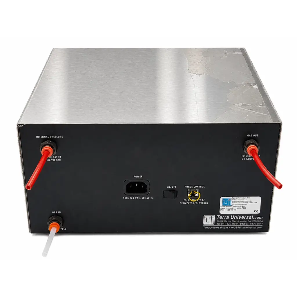 Back of silver metallic terra universal 1603-57 dual purge system with black panel and biomed certified label