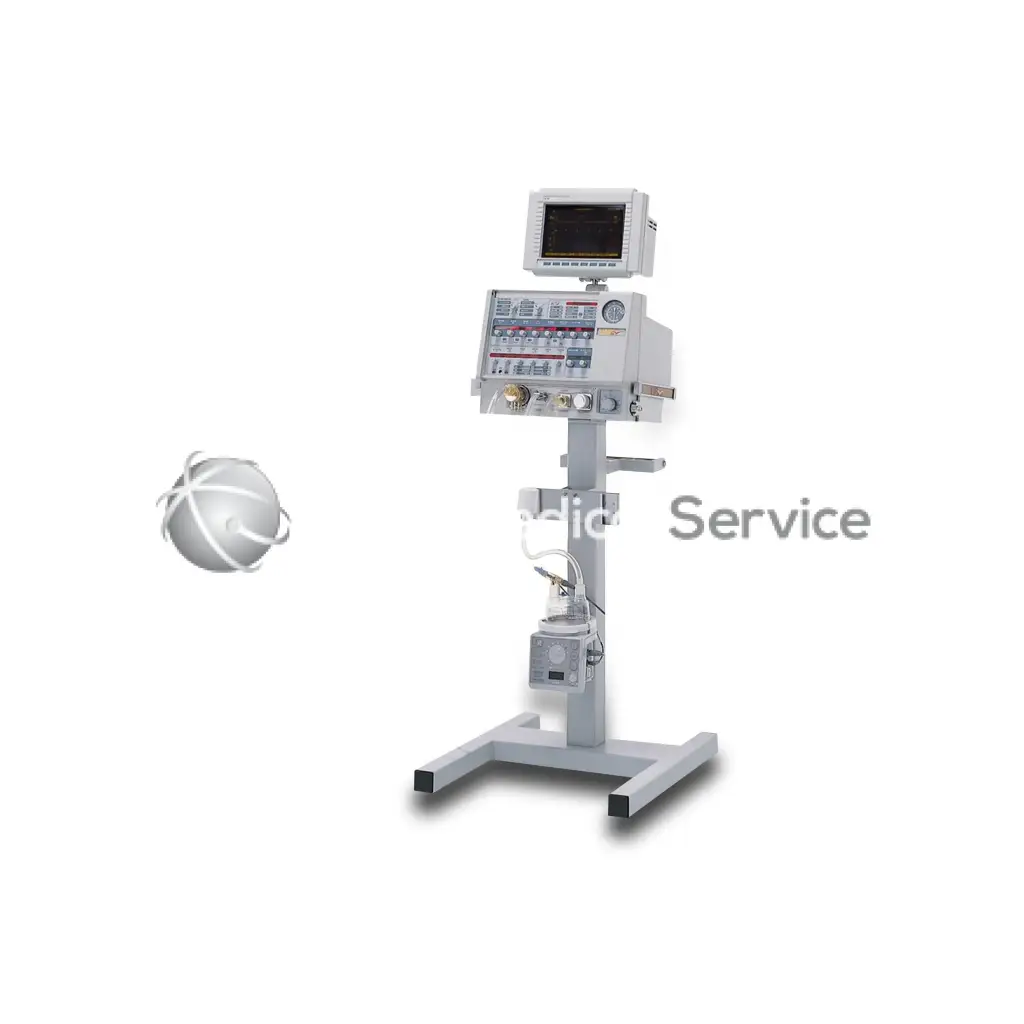 Gray tbird avsvso2vs series ventilator with monitor and control panel mounted on adjustable stand for medical use