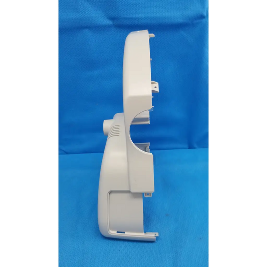 White plastic housing body shroud trim piece with molded contours and mounting tabs for topcon trc-nw6s retinal camera