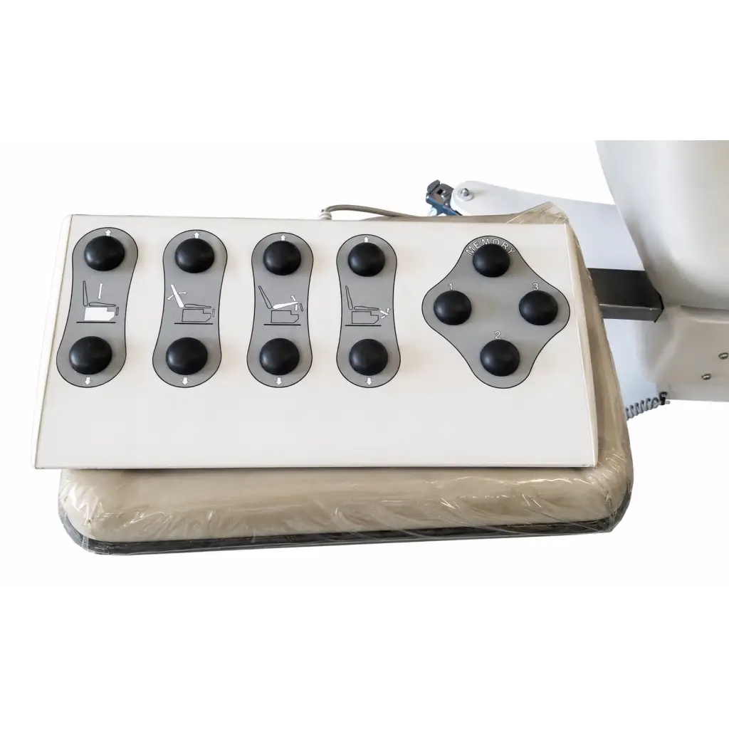 White control panel with four rows of black buttons labeled 1 to 4 showing chair icons on power medical exam chair