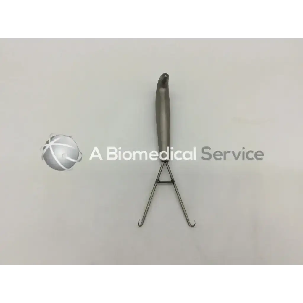 Silver stainless steel mueller su3600 berens retractor with curved handle and two angled hook-like prongs