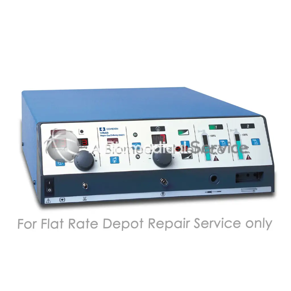 Blue rectangular valleylab force argon ii medical equipment with white control panel and indicator lights for repair service
