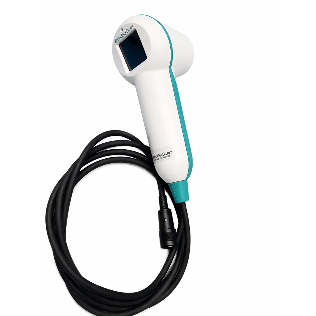 Verathon bladderscan BVI 9400 bladder volume instrument in white and teal with black coiled cable for volume measurement