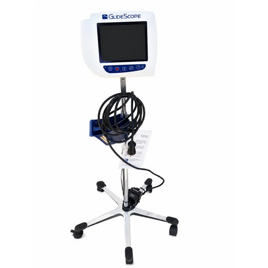 White glidescope laryngoscope with cobalt avl monitor mounted on a silver metal mobile stand with caster wheels