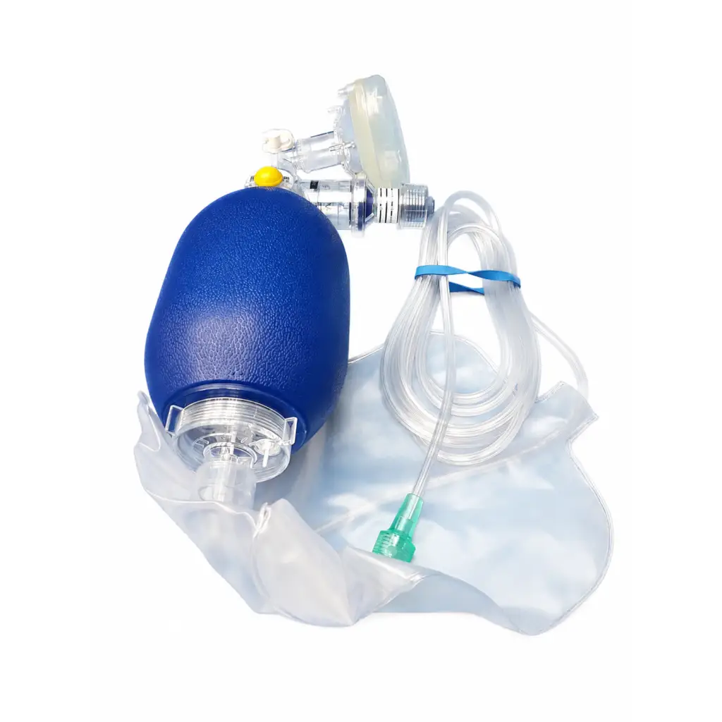 Blue textured manual resuscitator with clear tubing and transparent mask biomed certified vyaire airlife pediatric model