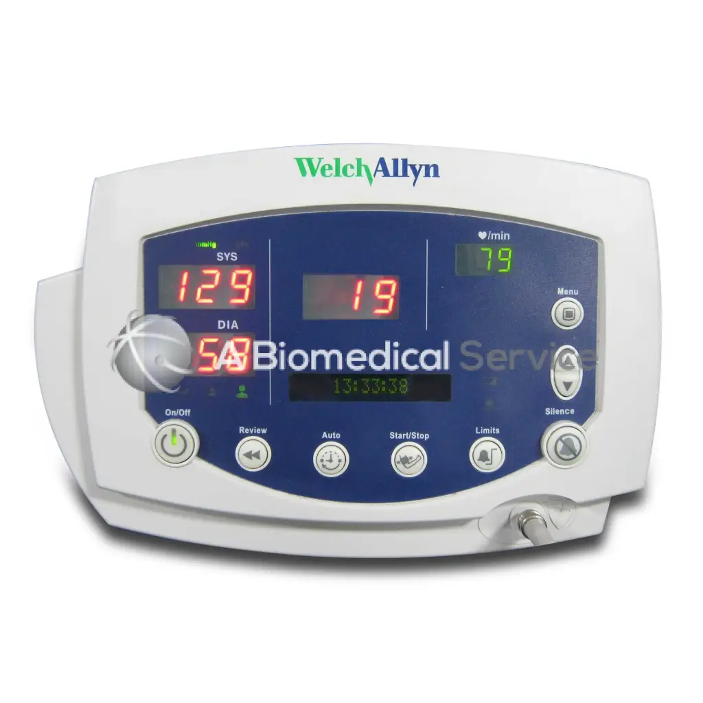 Welch Allyn 300 series white medical monitor with blue display showing red digital blood pressure and heart rate readings