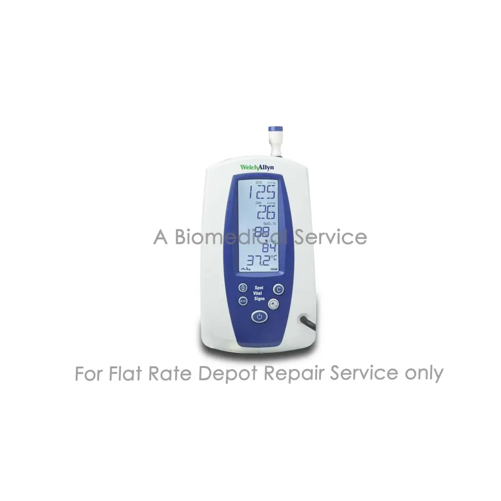 White and blue welch allyn digital thermometer with rectangular screen showing readings for vital signs monitor repair service