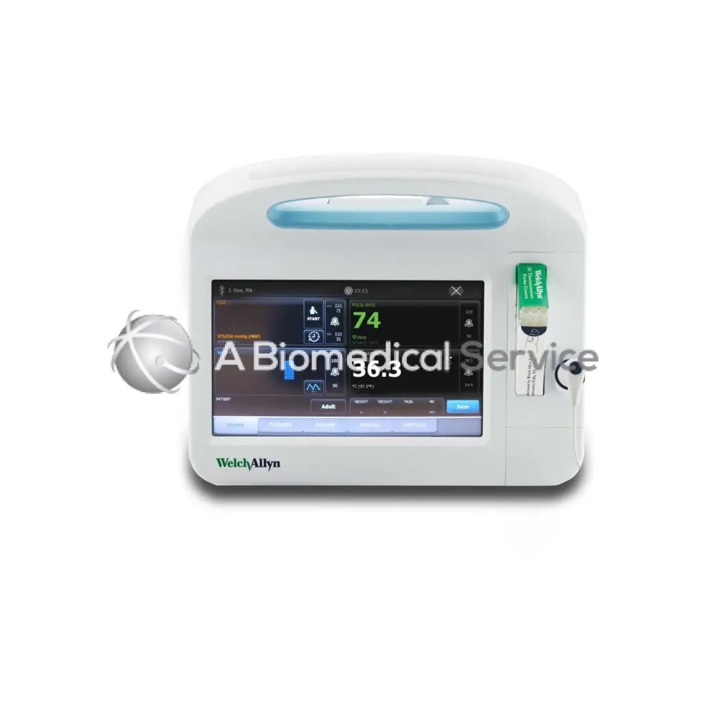 Welch Allyn Connex vital signs monitor with blue-accented handle and touchscreen showing patient vital signs
