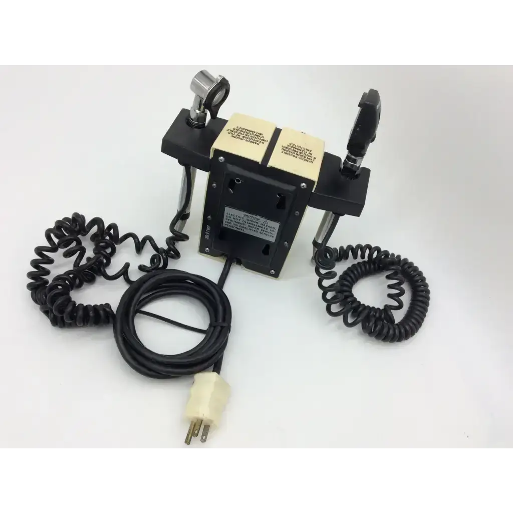 Black plastic and metal dual-head dental handpiece with coiled cord and cream plug for welch allyn wall transformer diagnostic set ophthalmoscope
