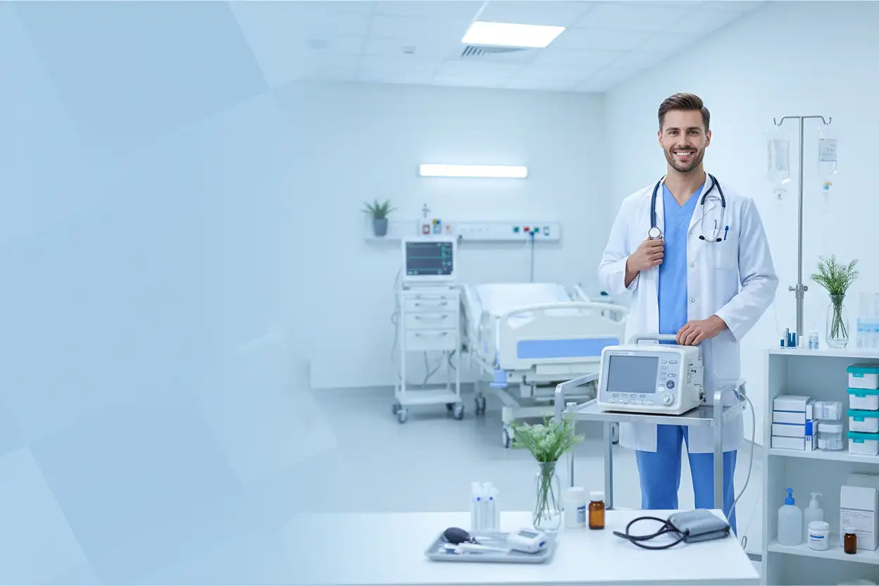 White lab coat with blue scrubs underneath, stethoscope around neck