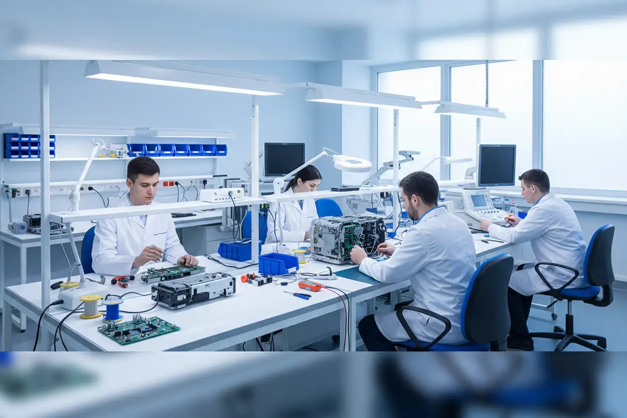 White lab coats worn by technicians in a clean, well-lit electronics assembly workshop
