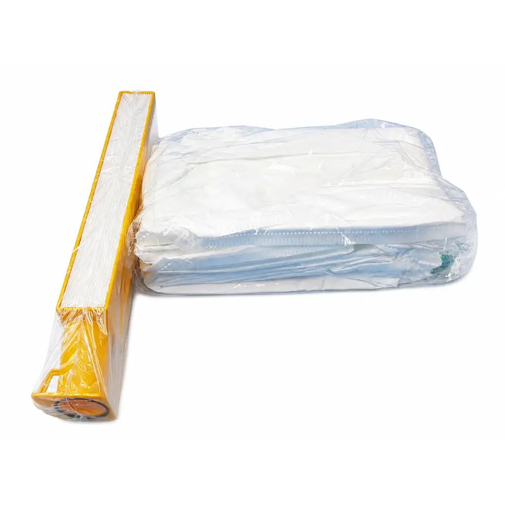 Yellow plastic vacuum-sealed storage bag with clear lid and white lining for windsor karcher hepa filter biomed certified kit