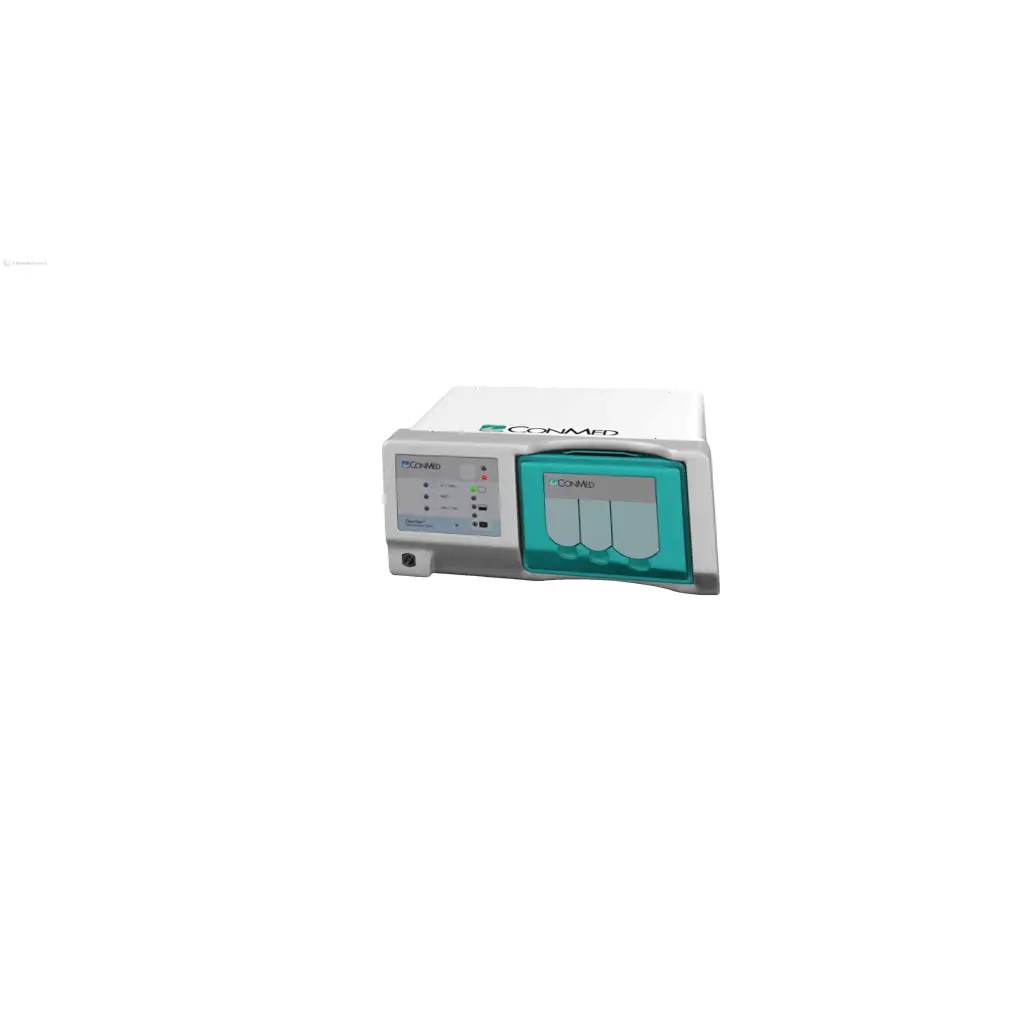 White and teal conmed clearview picomip medical device with digital display and three tray sections for smoke evacuation filter life