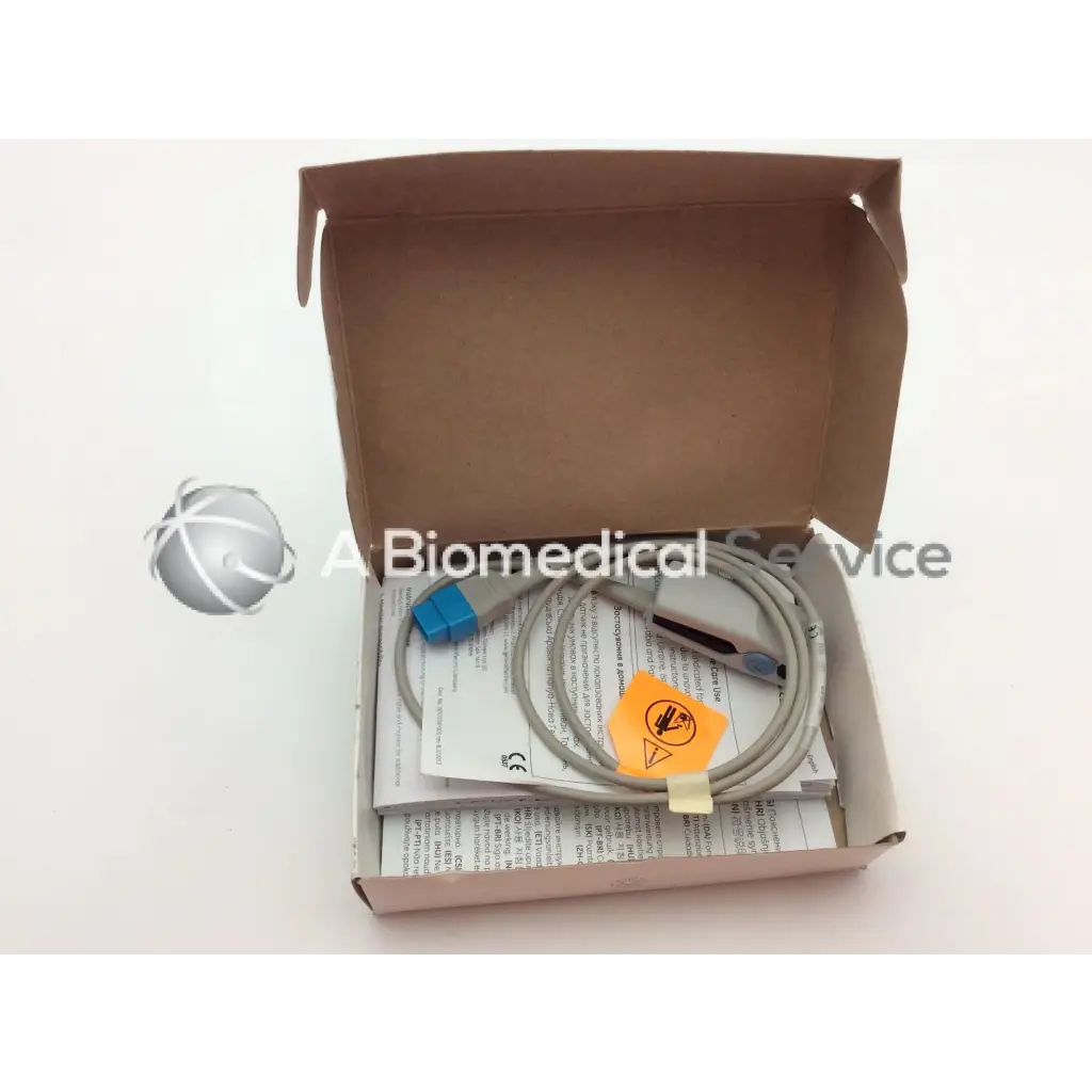 Gray medical cable with blue connector and orange warning label for ge trusignal spo2 finger sensor