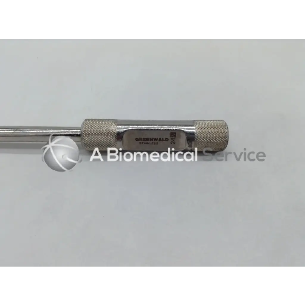 Silver stainless steel greenwald urethral guide 24fr with textured grip ends and engraved branding