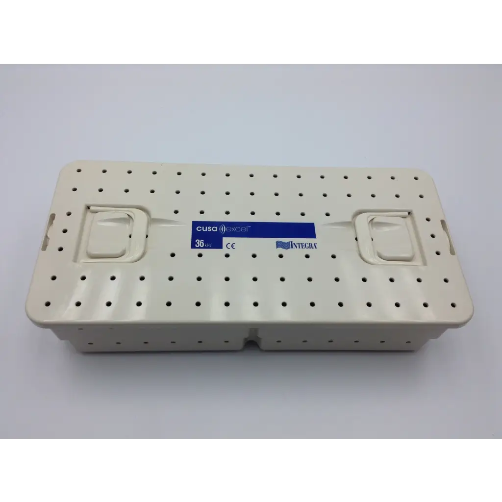 Cream-colored plastic sterilization case tray with blue cusa excel label for ultrasonic aspirator 36khz integra valleylab