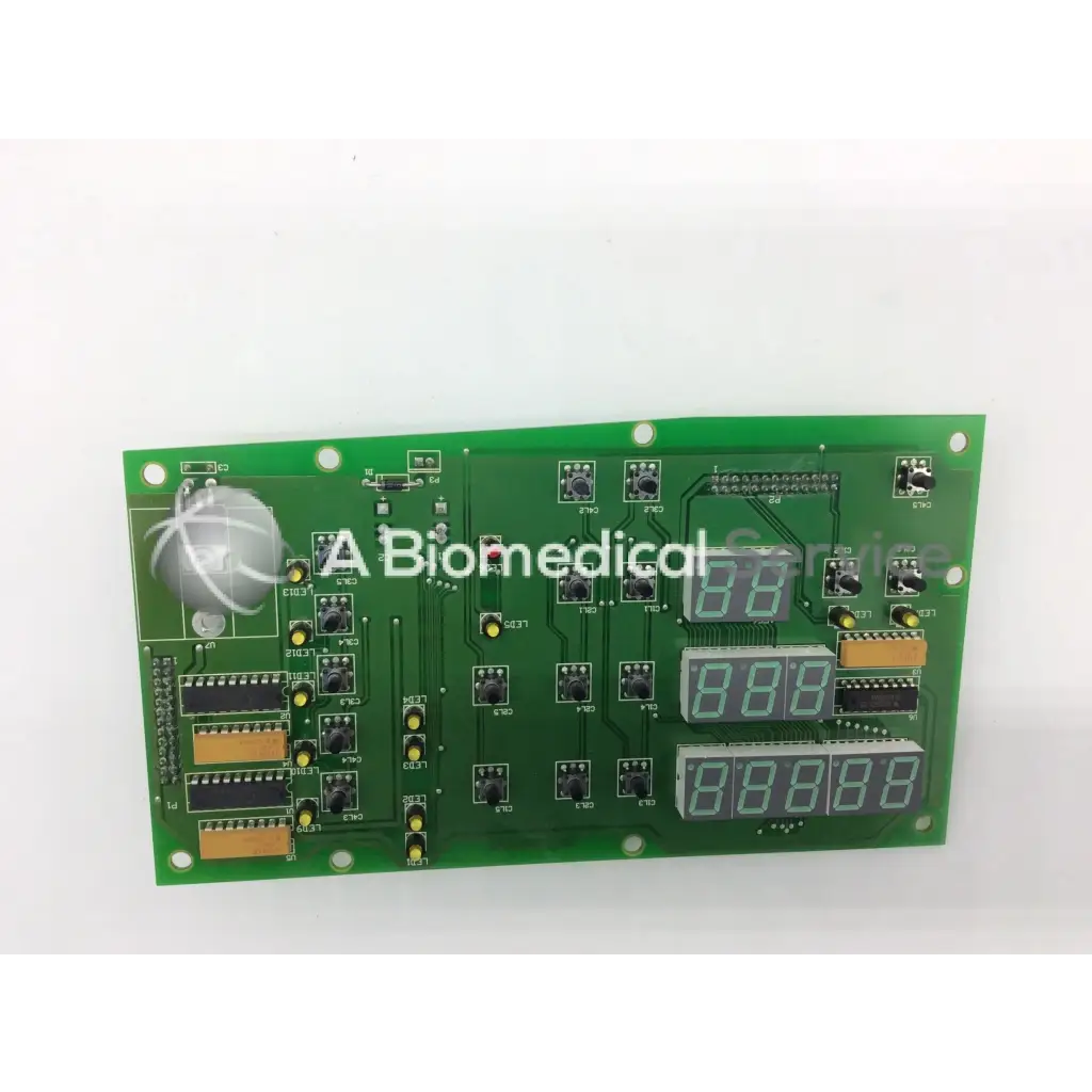Green rectangular jouan 85232554b thermo cl31 centrifuge control board with digital displays and silver sensor on left side