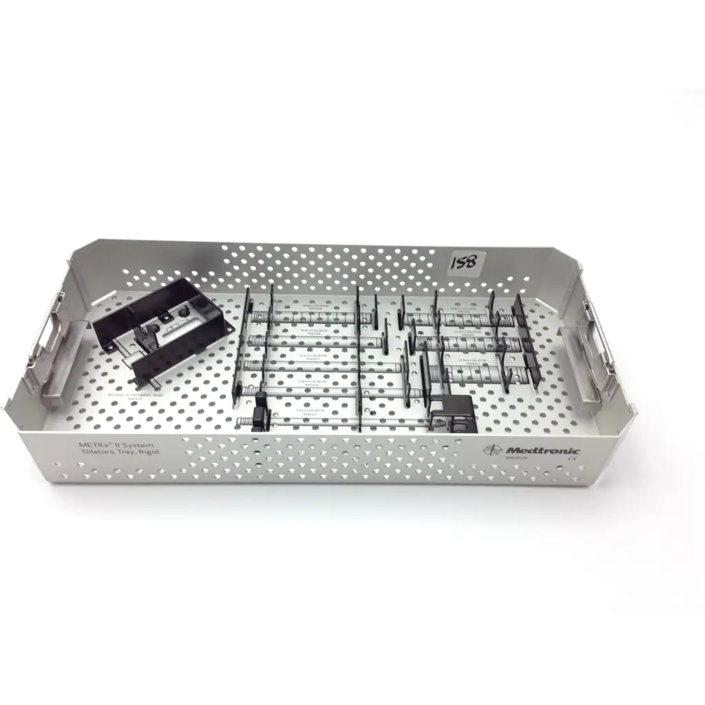 Silver metallic Medtronic METRx surgical case with perforated sides and organized compartments holding black instruments