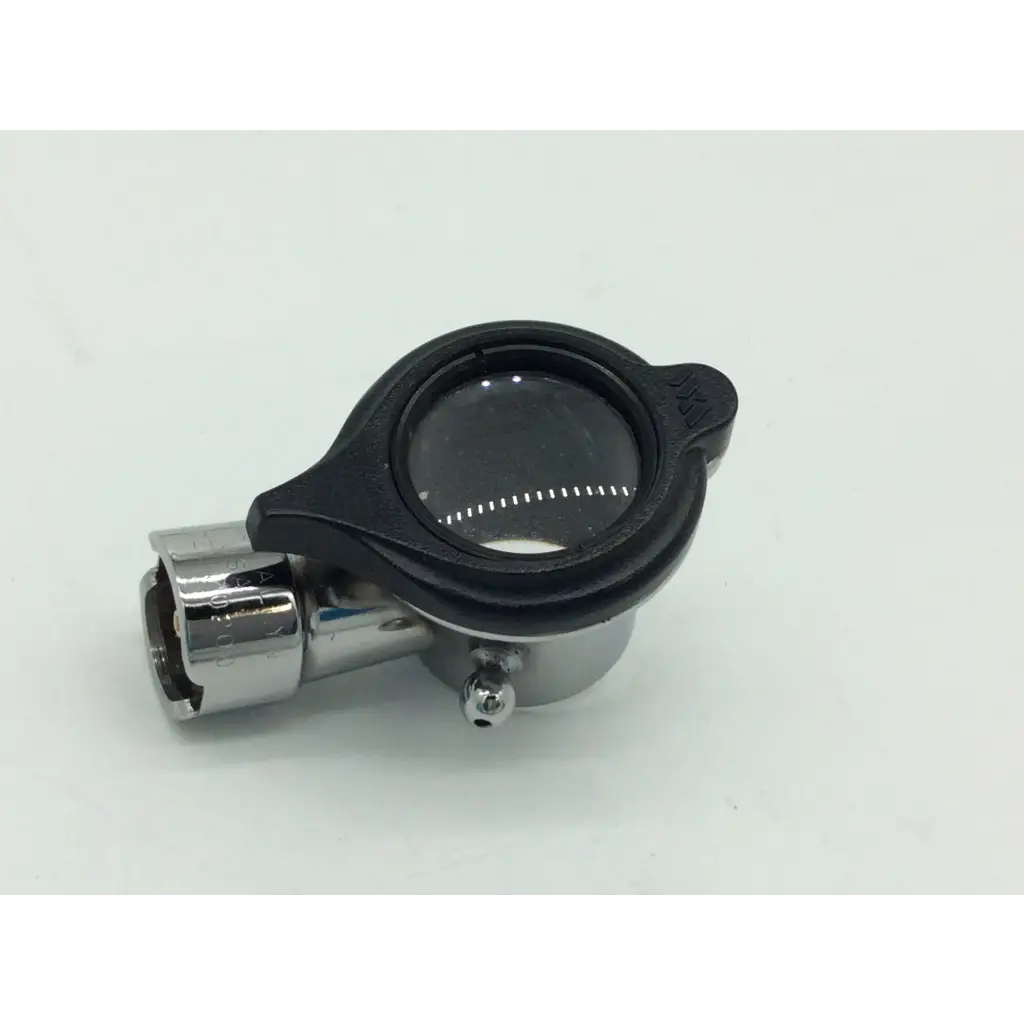 Black-rimmed magnifying glass with chrome frame and adjustable focus on welch allyn hillrom hal pneumatic otoscope