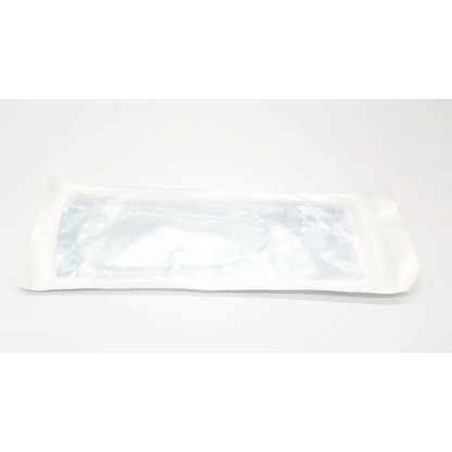 A sterile transparent plastic-wrapped 10 fr suction cath n glove in a white paper sleeve for medical use