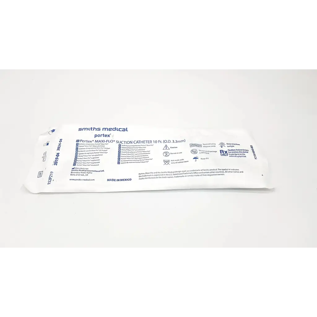 White plastic package containing smiths medical portex maxi-flo 10 fr suction cath n glove 152p219 da23=17
