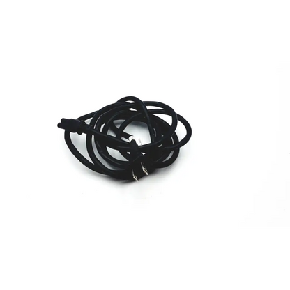 Black coiled 10a 125v 3 prong ac power wall cord with rectangular plug and metallic connector ends plug wire cable