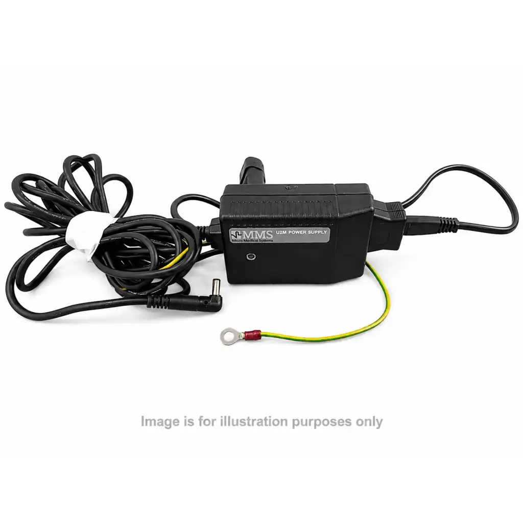 Black rectangular 12v dc power supply adapter with coiled black cable and yellow green wire attached from side