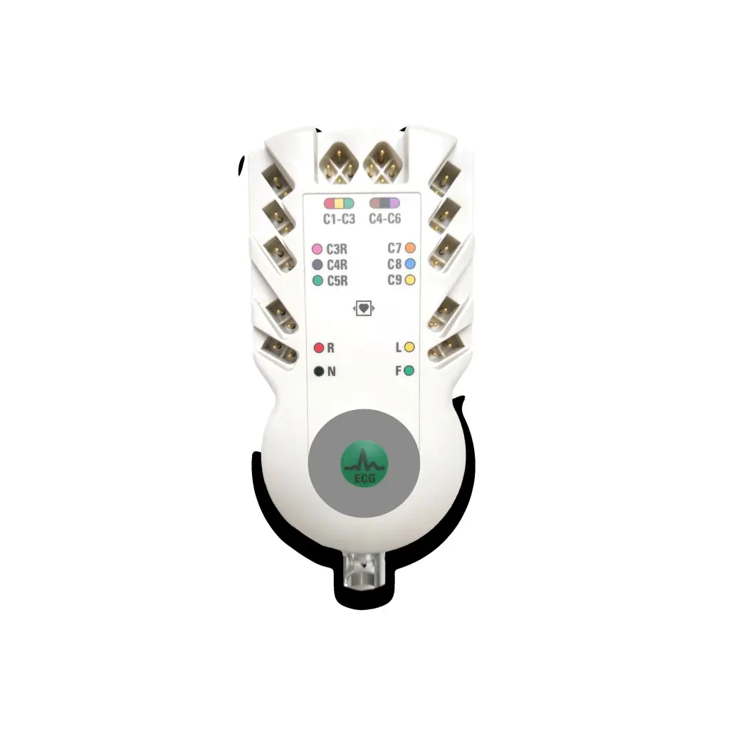 White plastic 16 ecg lead patient interface module with color-coded electrode connectors and green ecg button