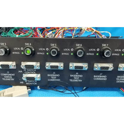 Black 19-inch rackmount control panel interface with multiple labeled ports, switches, and green indicator lights on back side