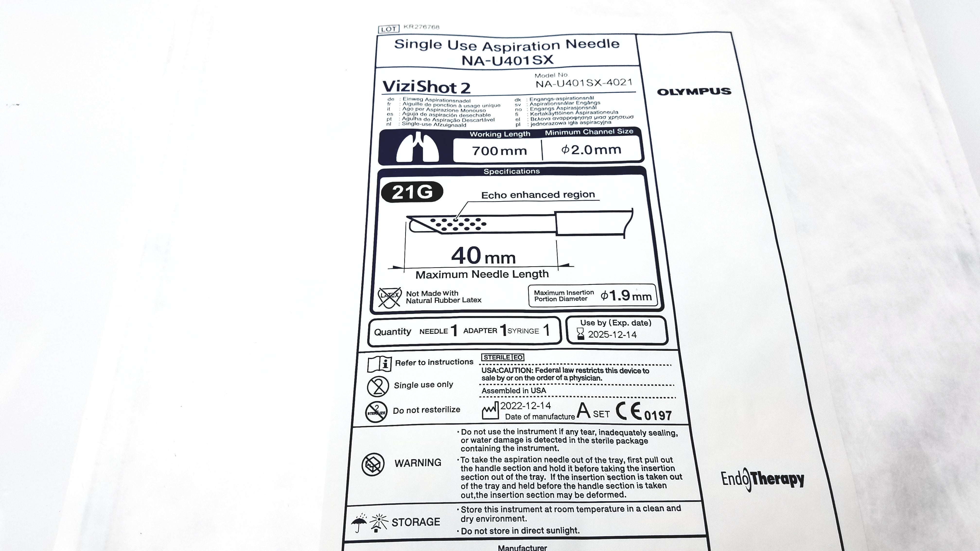 Load image into Gallery viewer, Olympus Single Use Aspiration Needle NA-U401SX