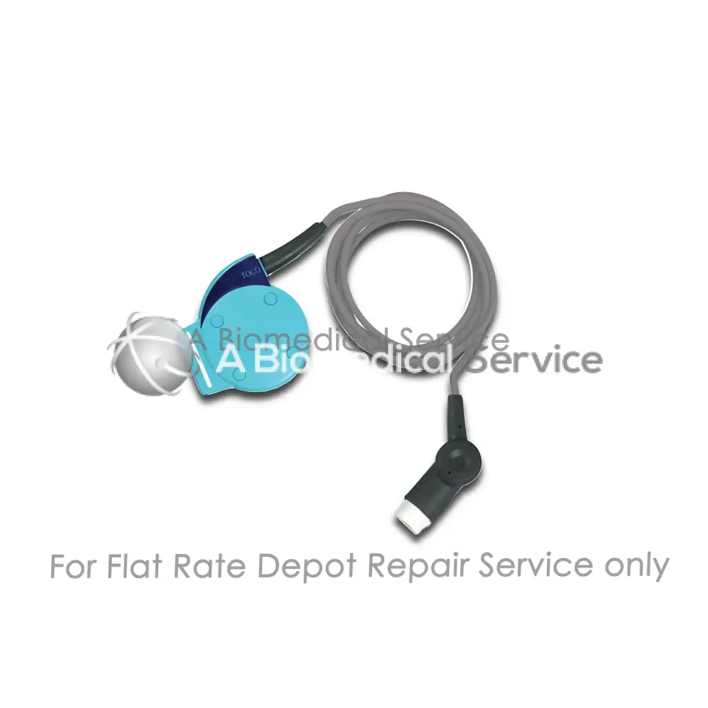 Light blue and gray nautilus toco transducers medical equipment with spherical sensor coiled cable for flat-rate repair service