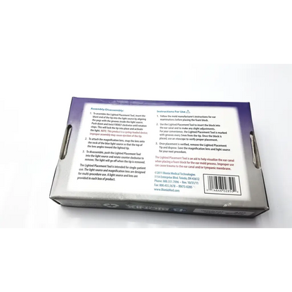 Silver and black rectangular box for 2850 tool lighted placement medical device used by audiologists