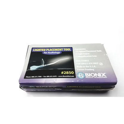 Bionix 2850 tool lighted placement for audiologists in a purple and gray box with a silver lighted placement tool