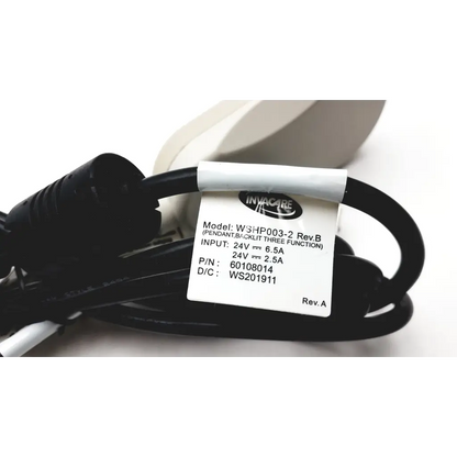 Black coiled power cord with white invacare label for 3-pin connector bed hand control pendant p n 60108014