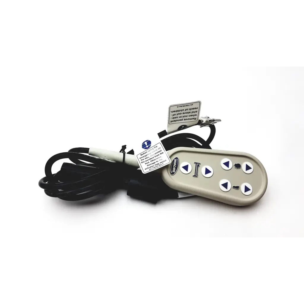 Beige plastic 3-pin g series bed hand control pendant with six blue symbol buttons connected by coiled cable to bed’s control box