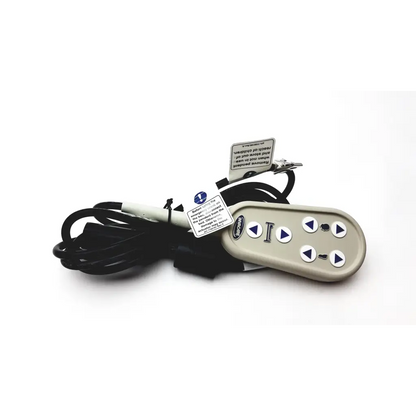 Beige plastic 3-pin g series bed hand control pendant with six blue symbol buttons connected by coiled cable to bed’s control box