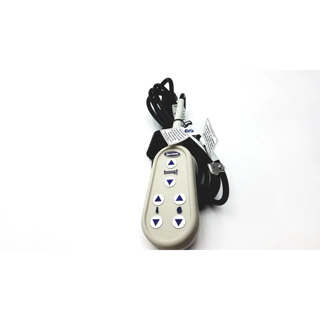 Beige plastic 3-pin g series bed hand control pendant with six blue triangular buttons and black coiled cable for bed’s control box