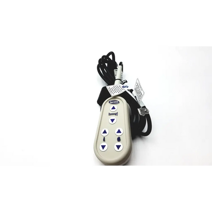 Beige plastic 3-pin g series bed hand control pendant with six blue triangular buttons and black coiled cable for bed’s control box