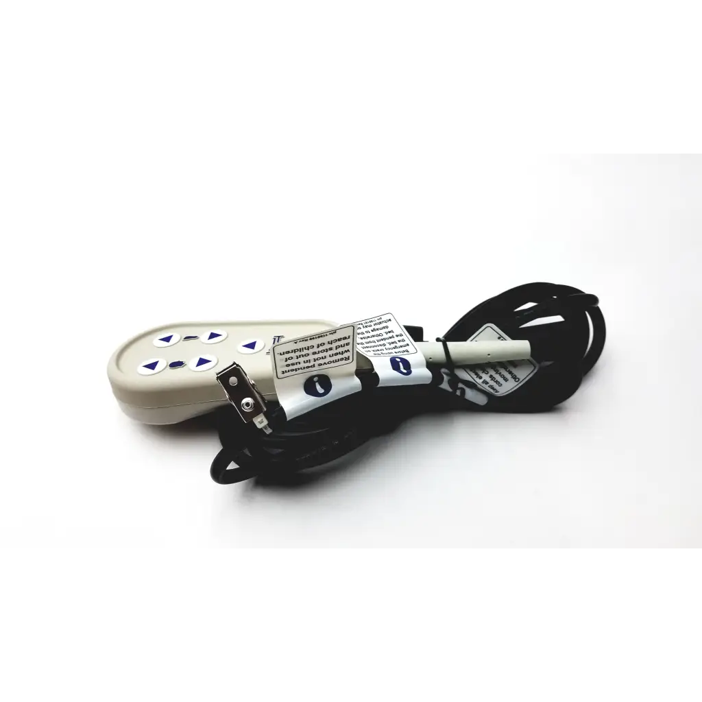 Beige 3-pin g series bed hand control pendant with black cord and white label stickers connects to bed’s control box